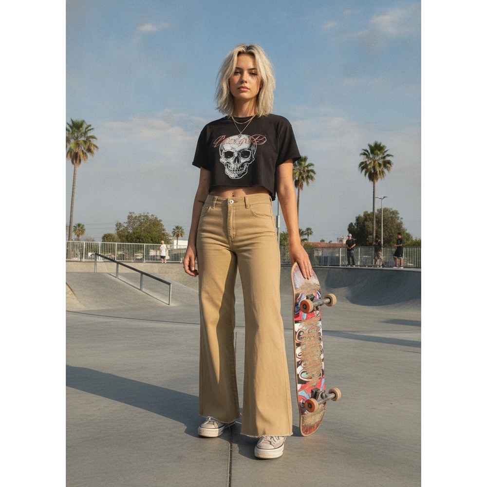 Dickies Worker Wide Leg Skater Pants Women's 9/29 Khaki Raw Hem Y2K
